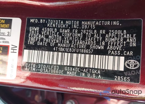 2015 Toyota Avalon Xle Premium z USA, uszkodzony, nr VIN 4T1BK1EB3FU188657